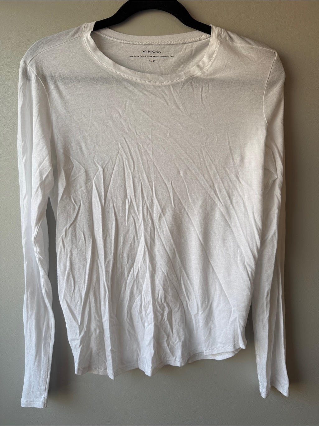 Vince White Long-Sleeve Basic Crew Tee Cotton Size Small
